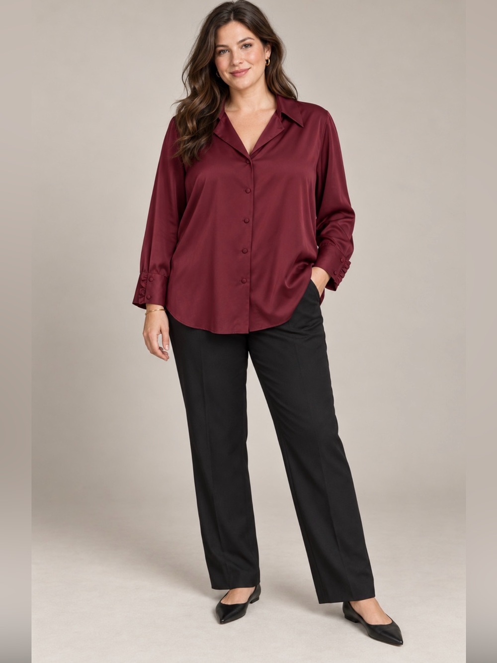 Nordstrom Encore 2X 100% Silk Burgundy Ruffle Cuff Blouse Plus Size